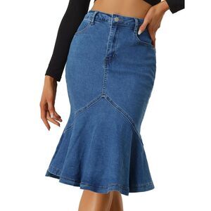 Denim Jean Skirt High Waist Bodycon Ruffles Fishtail Skirts Dark Blue